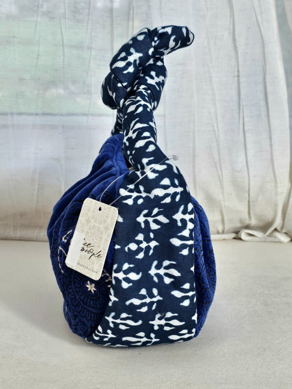 Free People Attia Velvet Bag Blue Embroidered Knot Handle NWT Boho Mini Hobo - Picture 5 of 15